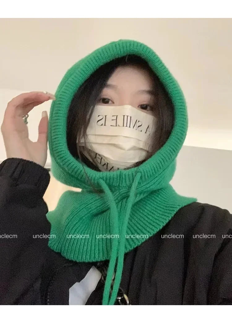 Winter Balaclava Hats For Men&Women Unisex Knitted Hooded Caps Outdoor Warmer Drawstring Hats One-Piece Neck Collar Beanies Cap