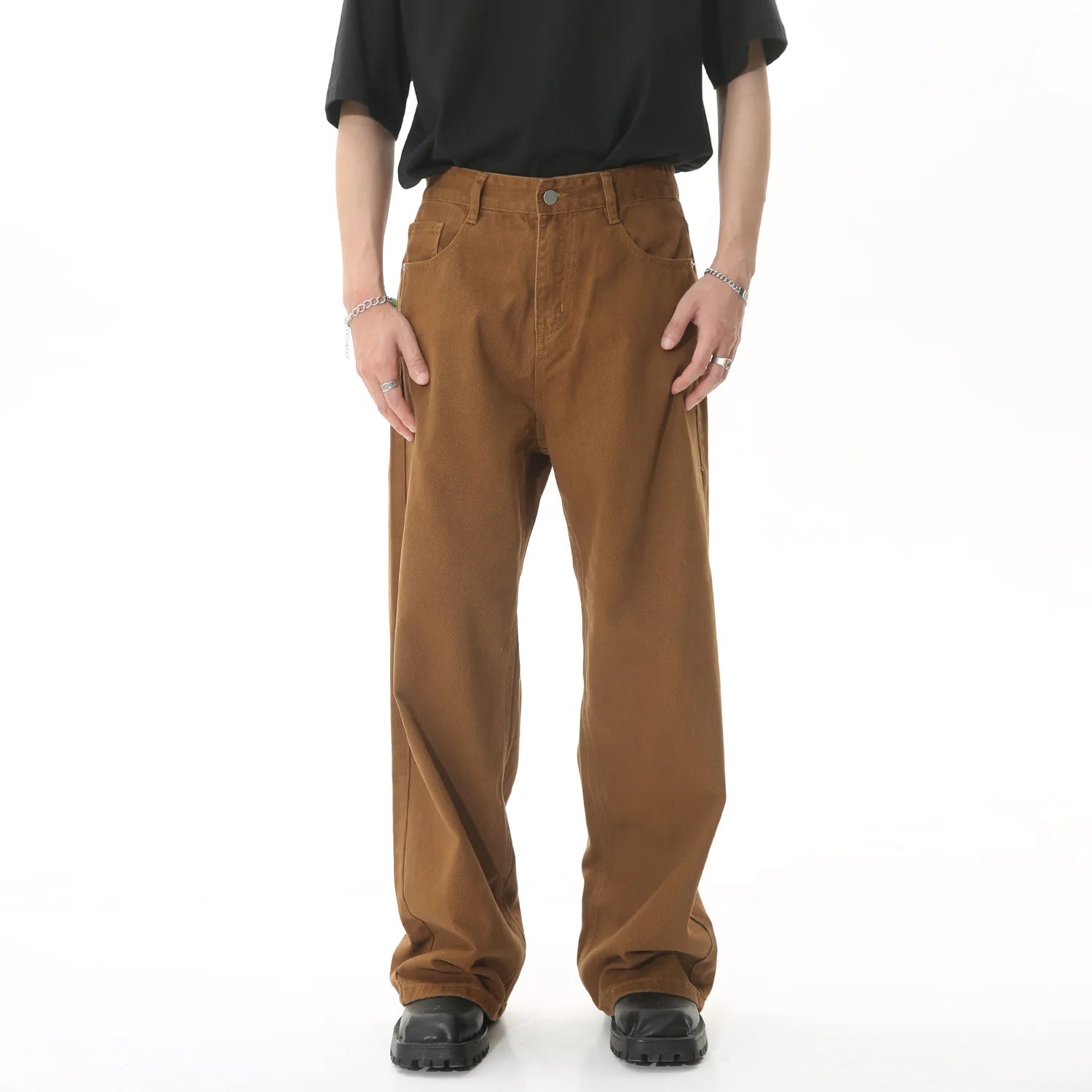 2025 Men Popular High Waist Straight Leg Jeans Male Simple Draping Wide Leg Denim Pants Brand Green Coffee Street Denim Trousers