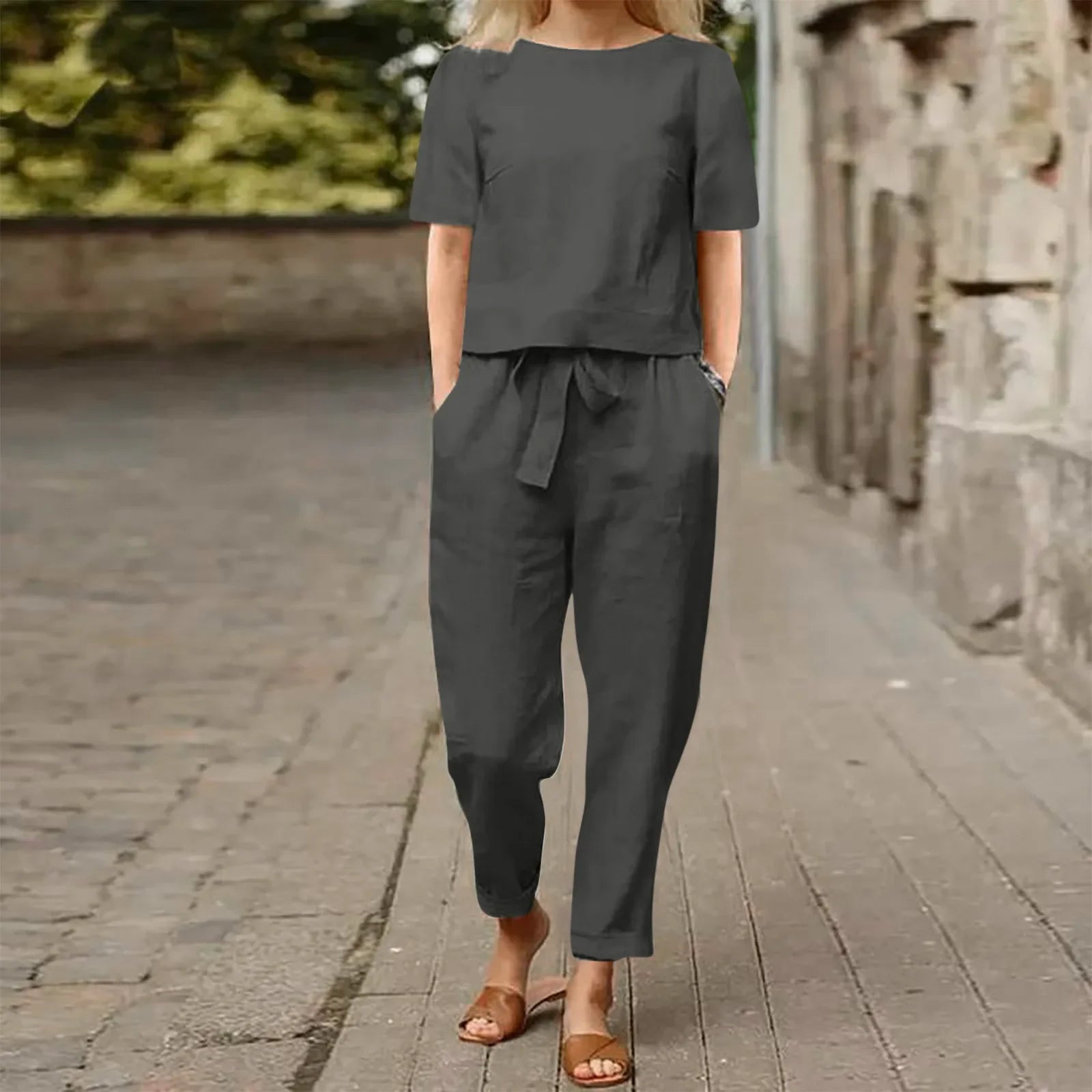 Women's Cotton Linen Suit Summer Matching Suit Half-sleeved Round Neck Tie Elastic Waist Trousers Wide-leg Pants Retro Suit
