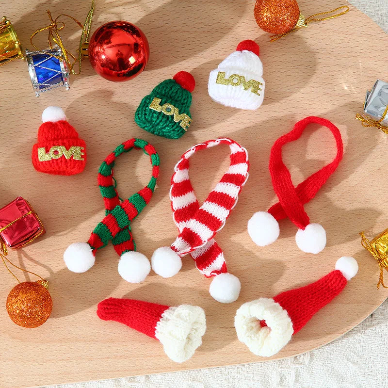 Christmas Decoration  Mini Knit Hat Mini Christmas Scarf Set Knitting Craft Doll Hats Jewelry Making Hair Decoration New year