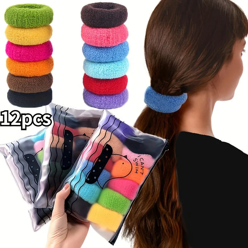 12pcs Large Stretch Thick Hair Ties For All Hair Types Seamless Terry Cloth Elastics Ponytail Holders Hair Accessories No Damage