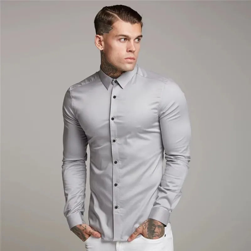 Men's Shirt Fashion Full Sleeve Shirt Men's Muscle Casual Slim-fit Business Dress Solid Color Shirt Men's Gym Fitness Men Shirt