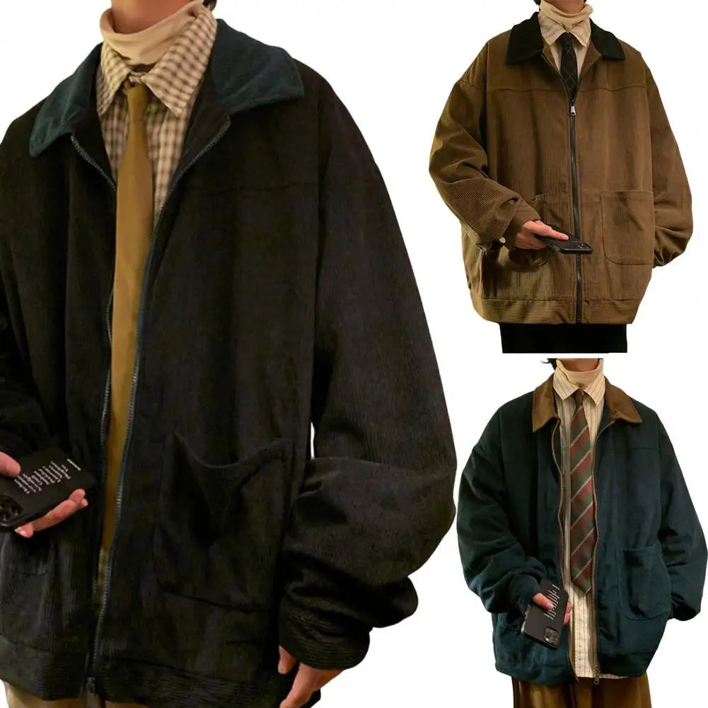 Men Jacket Stylish Men's Corduroy Patchwork Jacket with Full Zipper Placket Lapel Coat Outwear for Fall Winter Corduroy Outwear