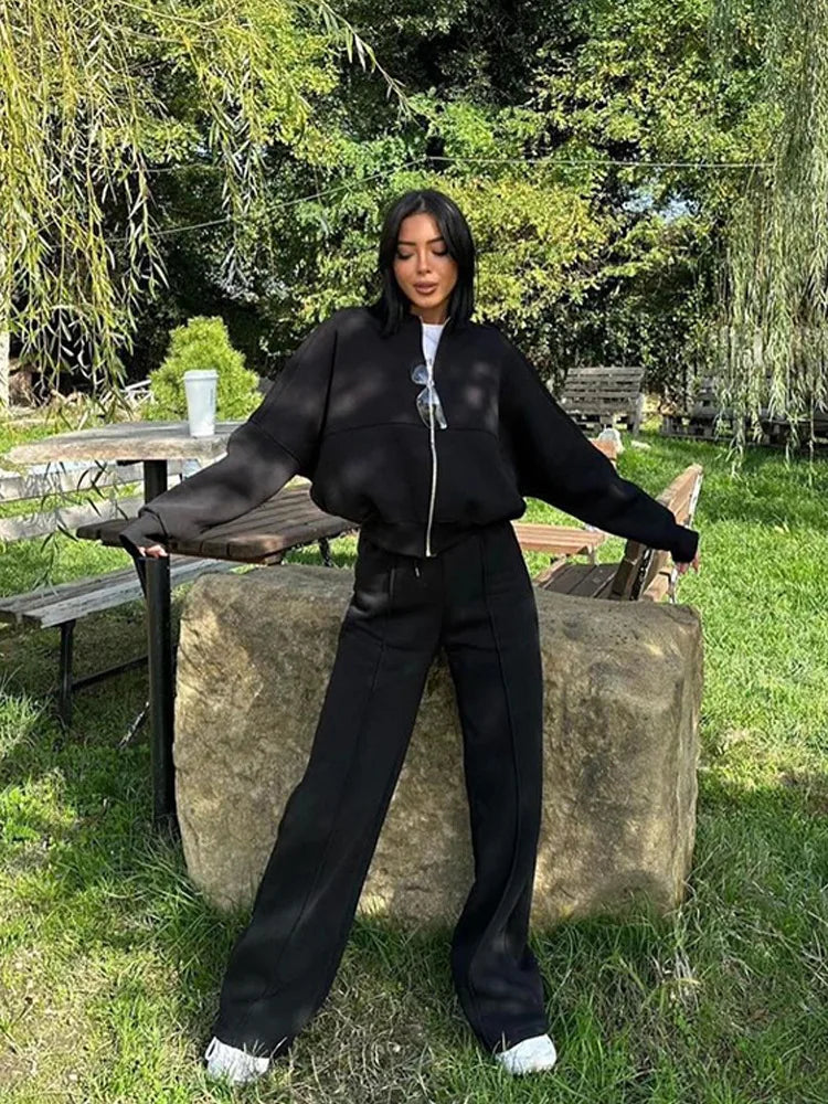 Women Sweatsuit Set Vintage O-neck Zipper Bomber Jackets High Waist Loose Pants Suit Female 2025 Spring Fashion Lady Sportswear
