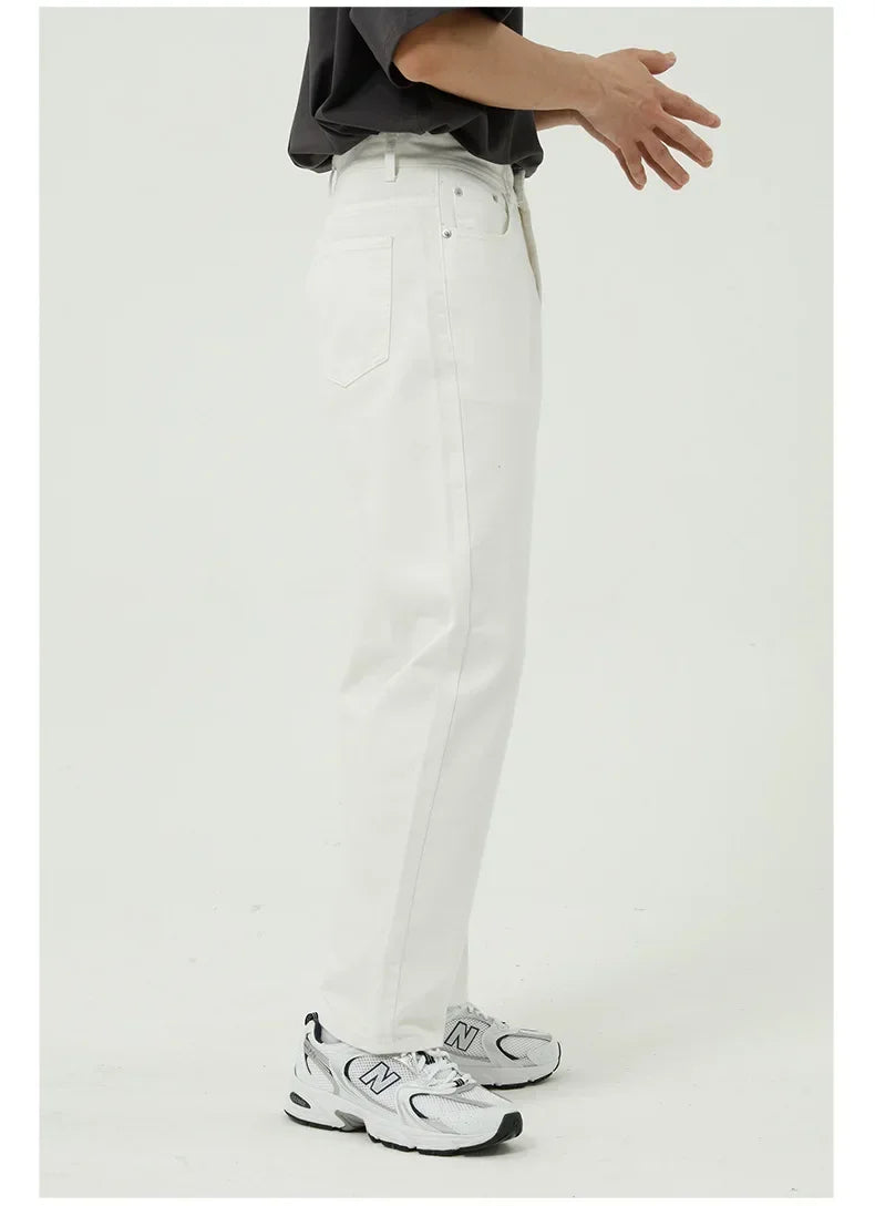 Business Men Jeans Casual Straight Stretch Pants Black and White Basic Fashion Classic Simple Work Denim Trousers Male Clothing