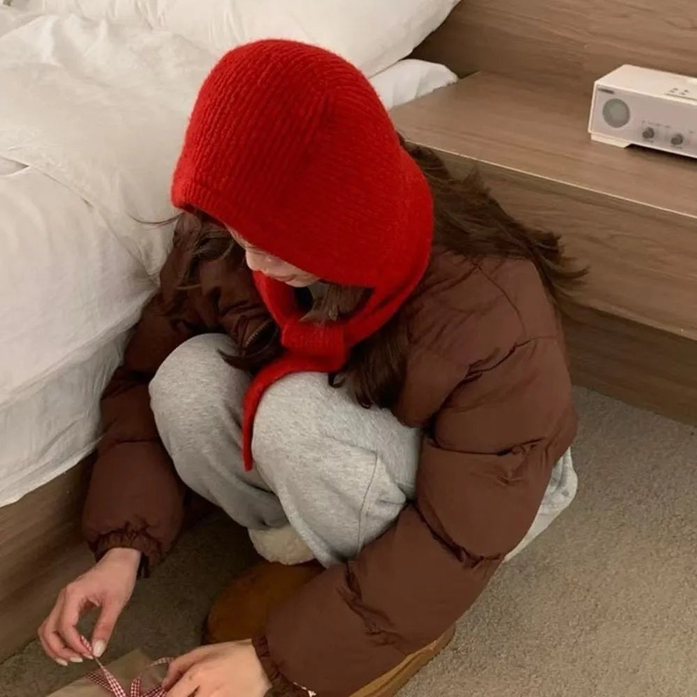 Fashion Winter Balaclavas Cap Warm Thick Knitted Hooded Hat Ski Windproof Neck Collar Scarf Cap Beanie