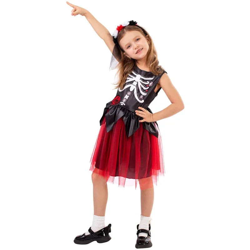 Halloween cosplay girls sleepveless vintage party dress scary skull witch day of the Dead costume #1 # W