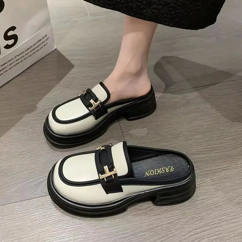 2025 New Shoes French Thick Sole Half Support Loafers Casual Women's Single Shoes British Style Small Leather Shoes