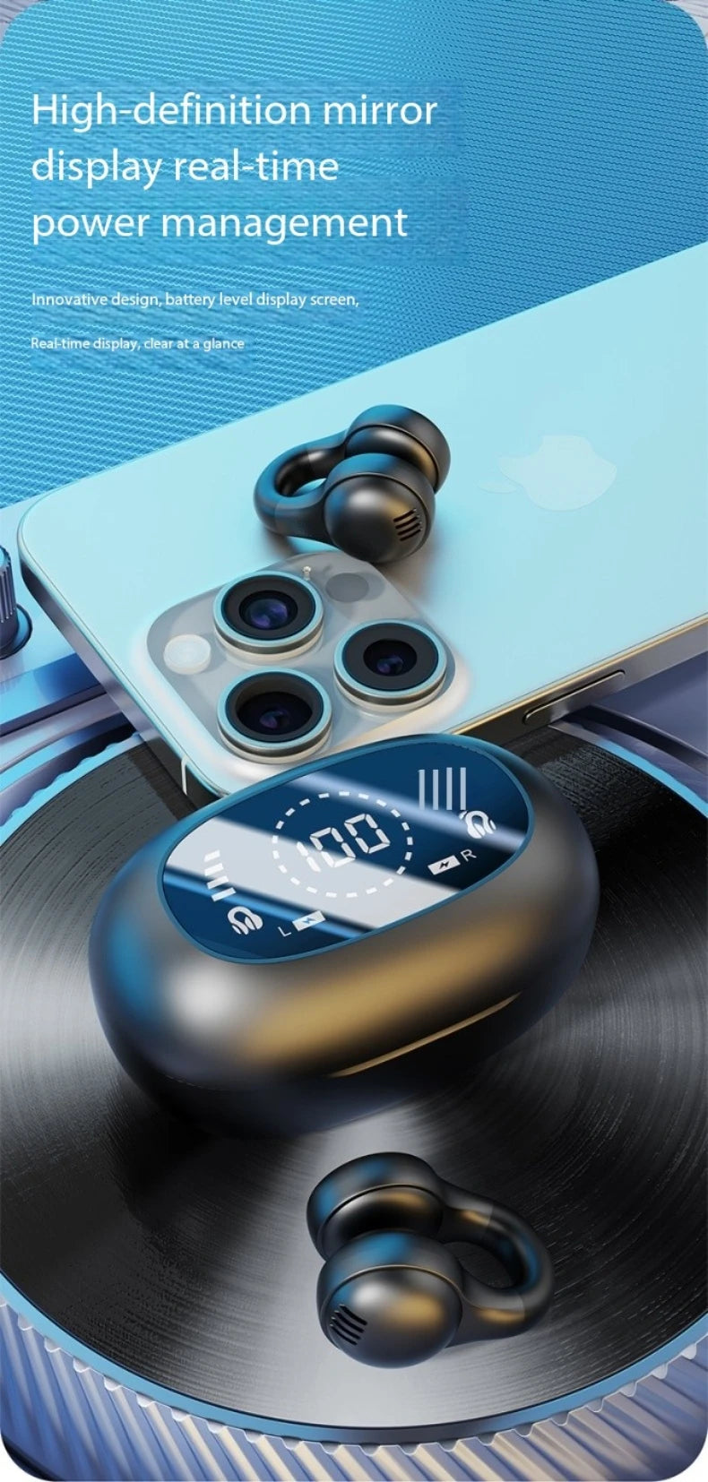 New Mirror Surface Digital Display Soft Silicone Ear Clip Wireless Bluetooth Headphones with Noise Reduction, High-Definition, Lossless for Sports