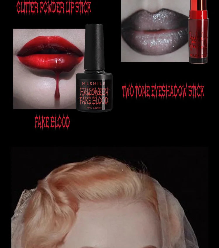 MLSMILE Halloween Makeup Set Eyeshadow Glitter Lip Glaze Fake Blood Wearing Armor 4pcs/set Festive Set Trick or Treat Cosmetics