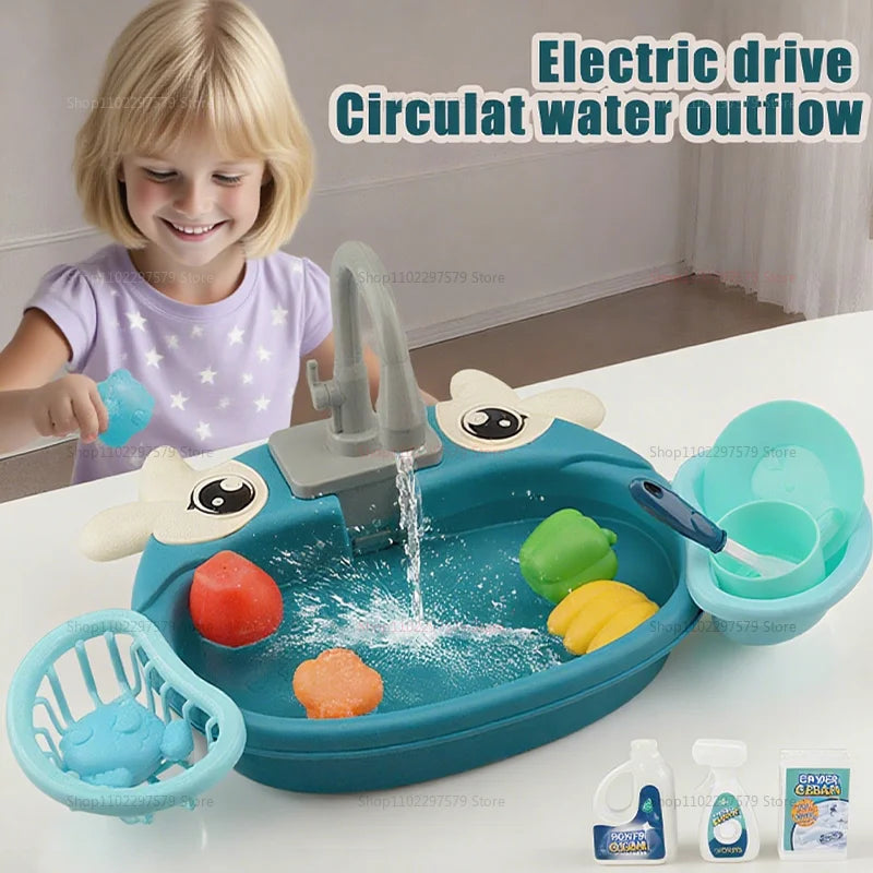 Kids Play Kitchen Set Simulated Dishwasher Sink Hand Basin with Electric Circulating Water Toys for Boys Girls Pretend Role Play