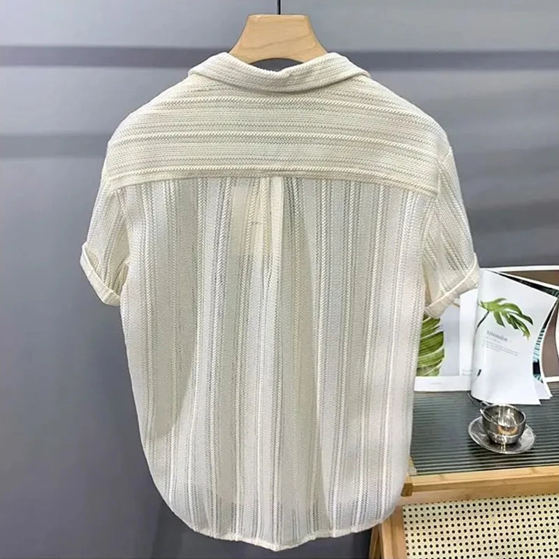 Men's Tops Hollow Short-sleeve Shirt Men Summer Thin Trendy Handsome French Light Luxury Drape Hawaiian Shirts