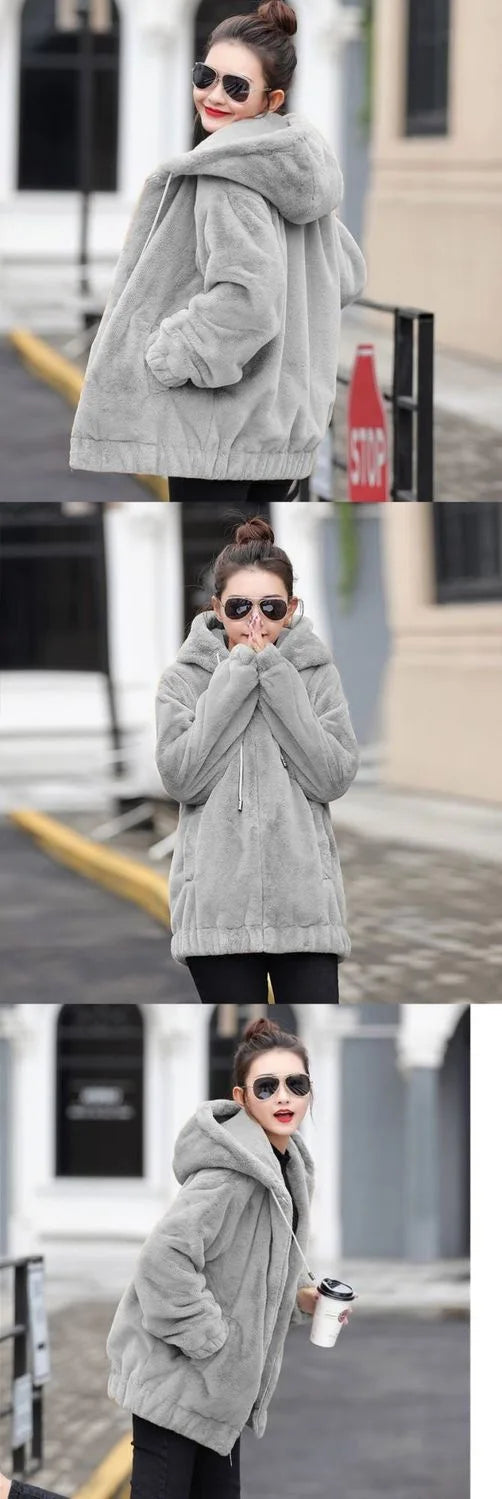 Women's Flannel Hooded Coat - Mid-Length Plush Jacket, Winter Fleece-Lined Warm Outerwear