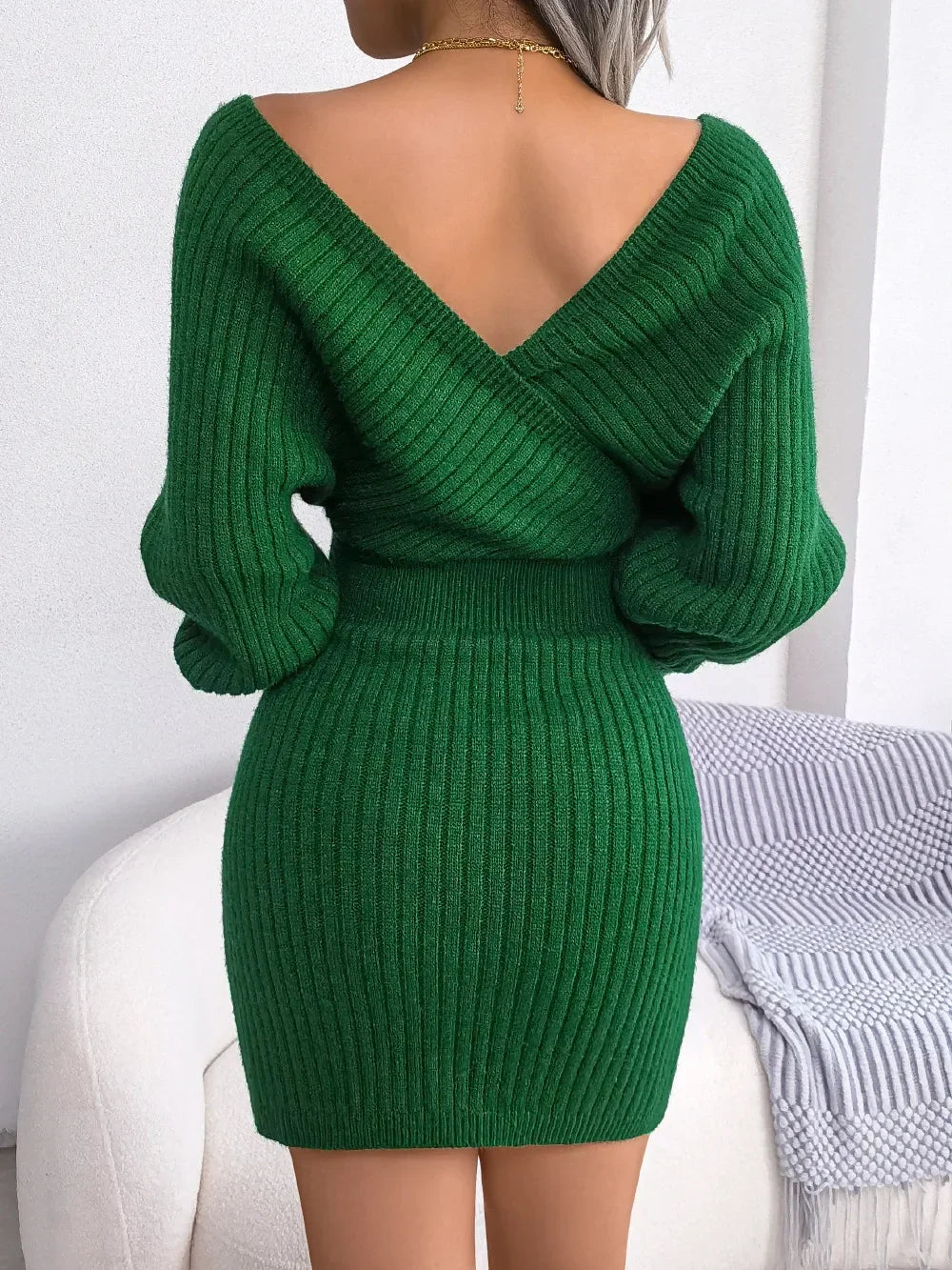Autumn Winter Casual Sexy Cross V Neck Batswing Sleeve Dress for Women Solid Color Wrap Hip Woolen Dress