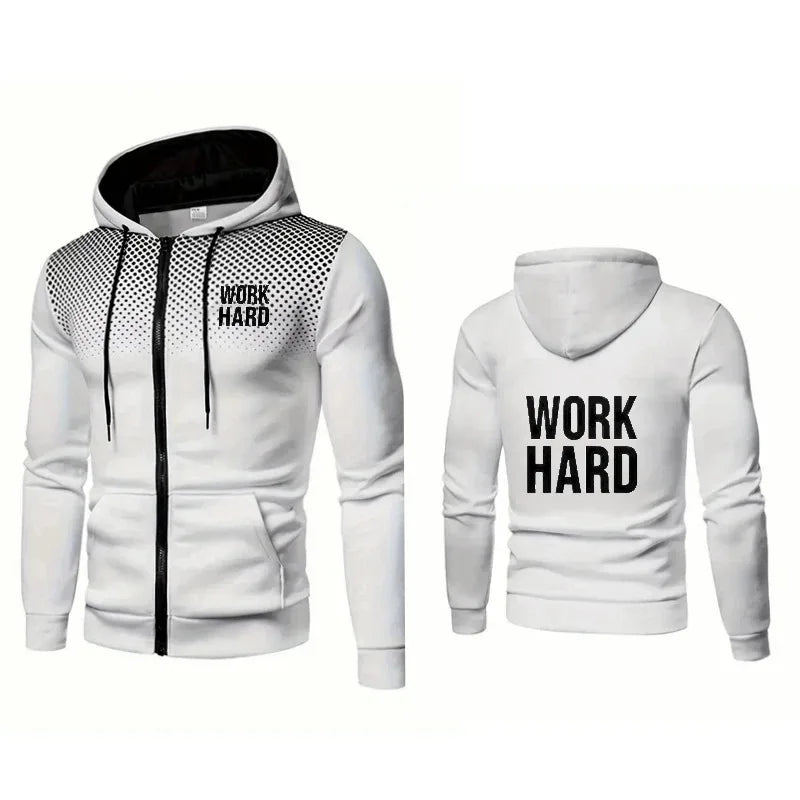 Men's Hooded Jacket Blue Work Hard Printed Text Gym Fitness Sport Casual Wear