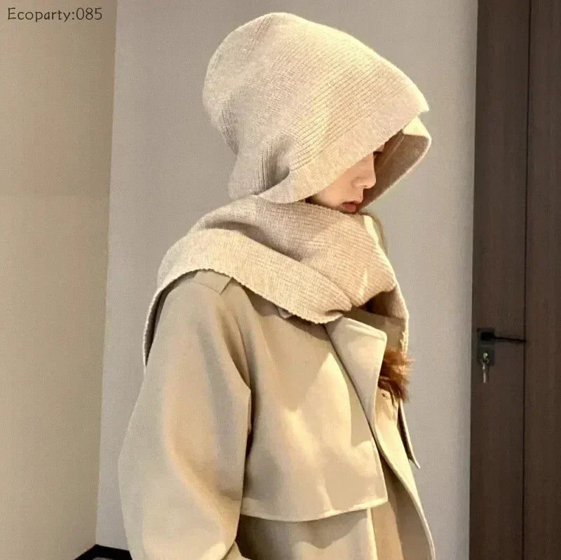 Winter Hat and Scarf Set Knitted Hooded Shawl Balaclava Hat Women Keep Warm Scarf Wool Pullover Hat Gothic Accessories 2025 New