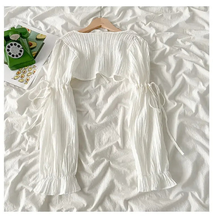 Women's Jackets Chic Folds Designer Summer Lace-up Crop Jacket Vintage Fashion Temper Sweet Girlish Long Sleeve Sun-proof Coat