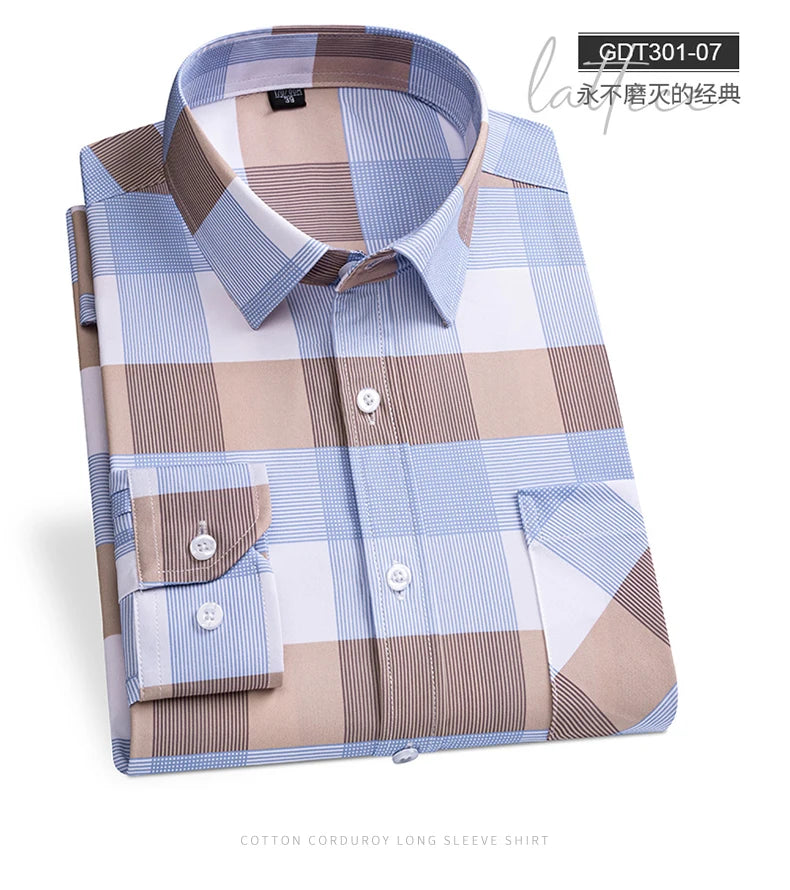 Men's Fashion Shirts Casual Slim Plaid Striped Men Clothing Business Social New Button Young And Middle-Aged Formal Long-Sleeved