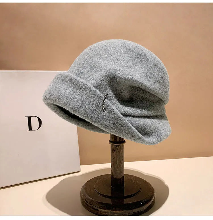 Winter Hat for Women Soft Warm Wool Cap Adjustable Ladies Beanie Cloche Bucket Hat Crushable Ski Hat Upturn Brim Church Hat
