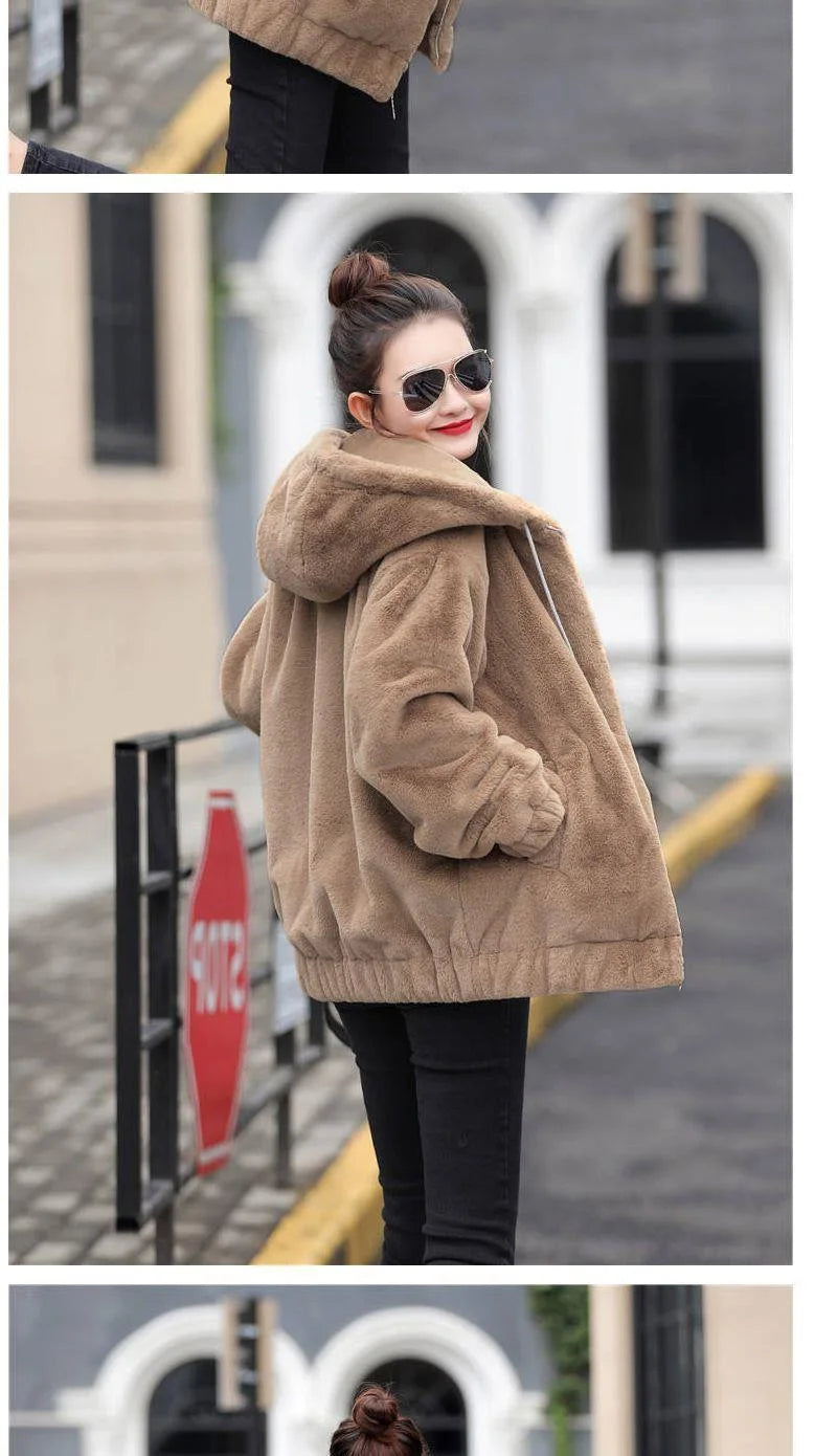 Women's Flannel Hooded Coat - Mid-Length Plush Jacket, Winter Fleece-Lined Warm Outerwear