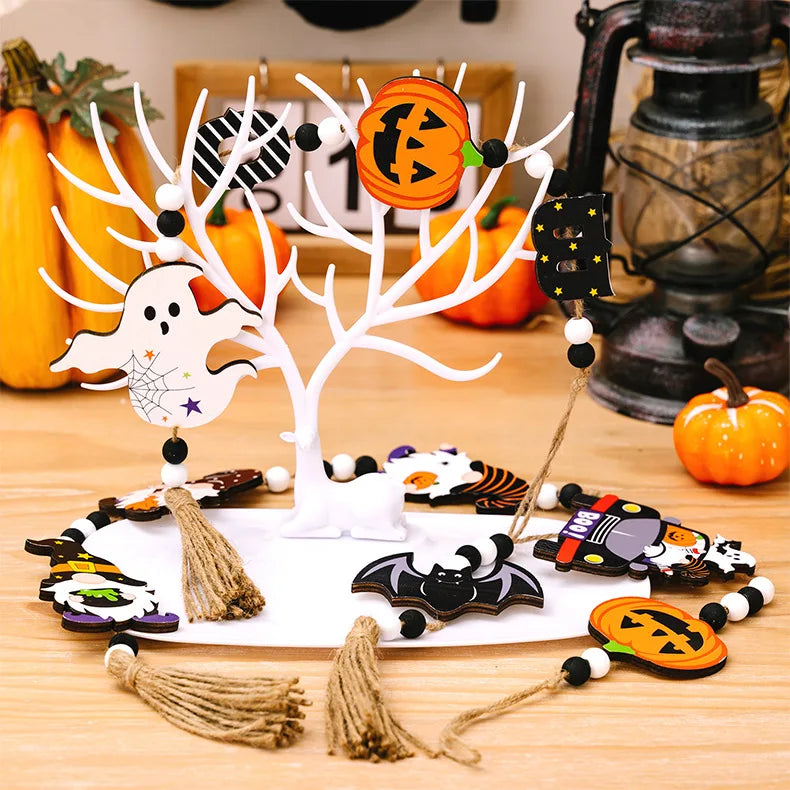 Halloween Wooden Hanging Decorative Ghost Festival Atmosphere Decorations Beaded Witch Pumpkin Bat Pendant Home Party Supplies