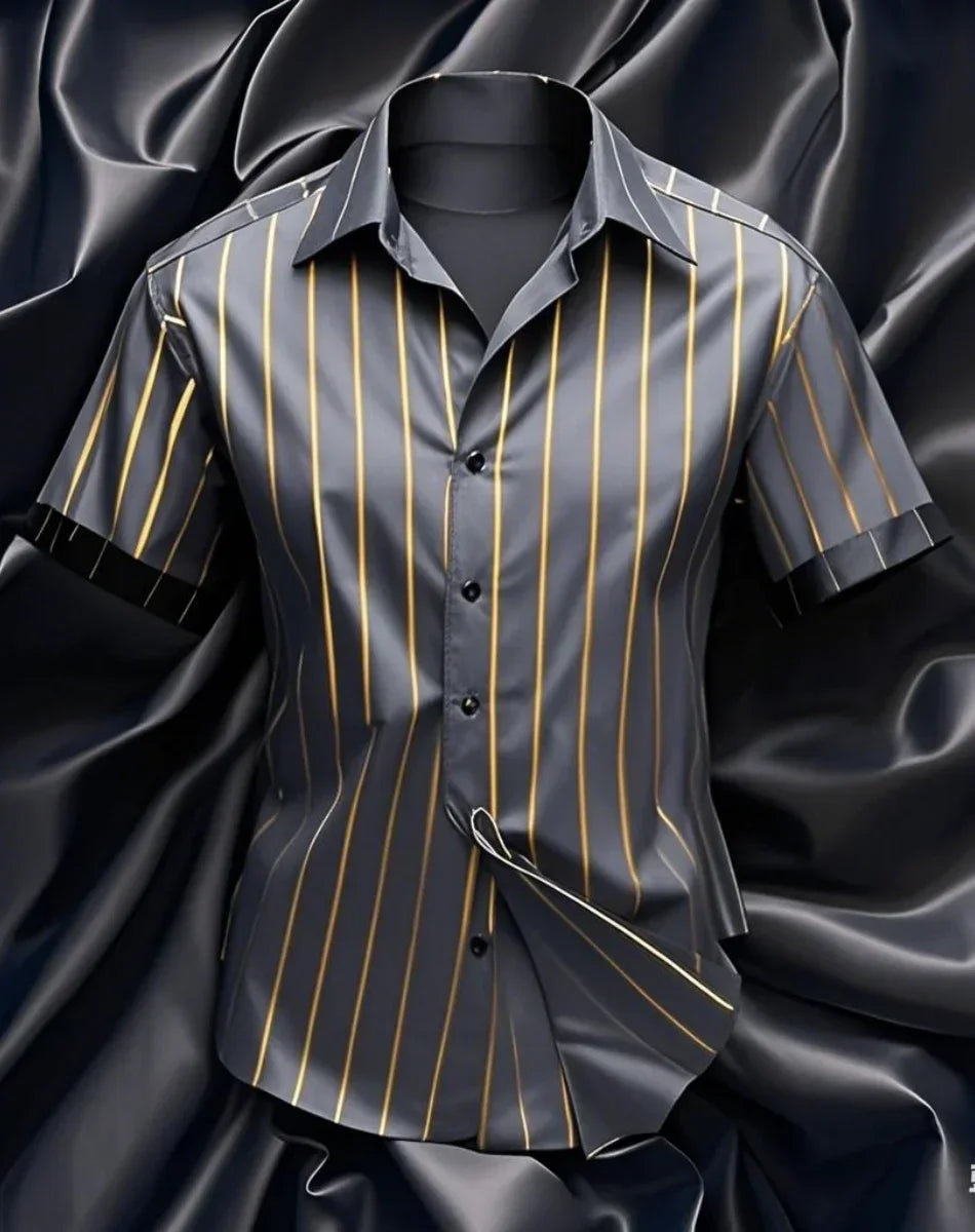 Men's fashion striped shirt, elegant casual comfortable breathable, short sleeves, lapel buttons, soft and comfortable material