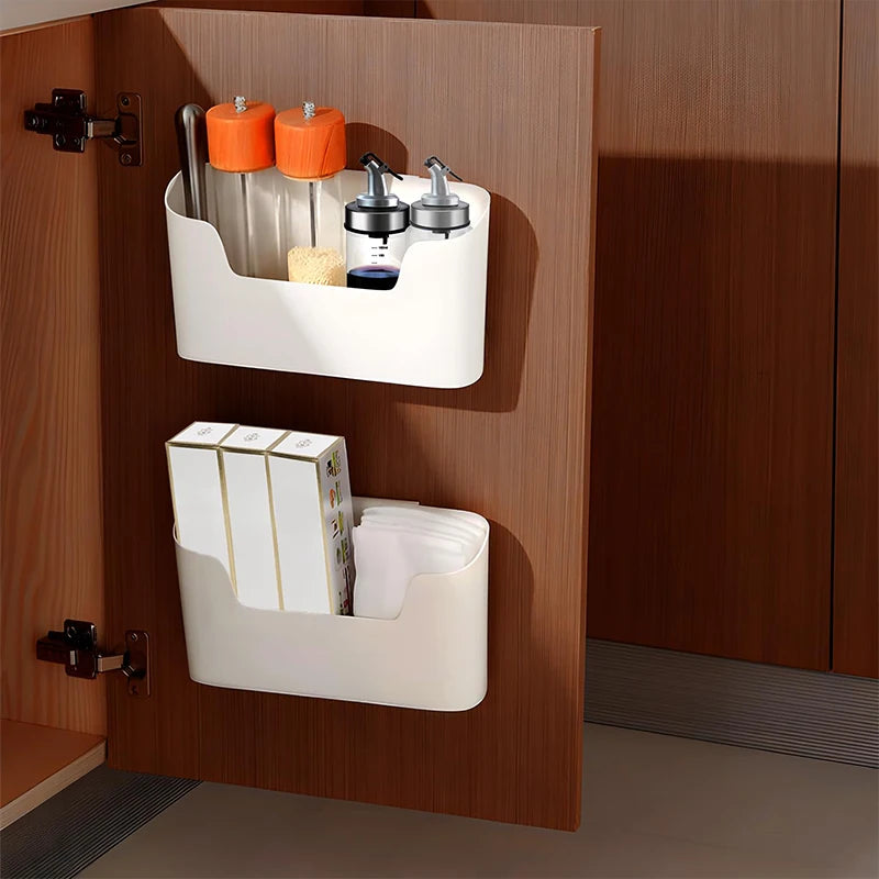 Kitchen Wall-mounted Adhesive Storage Rack Multifunctional Cabinet Door Storage Box Under Sink Drawer Shelf Bathroom Organizer