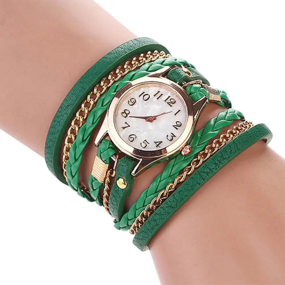 Quartz Wristwatch for Women Vintage Multilayer Faux Leather Alloy Braided Bracelet Wrist Watch Jewelry