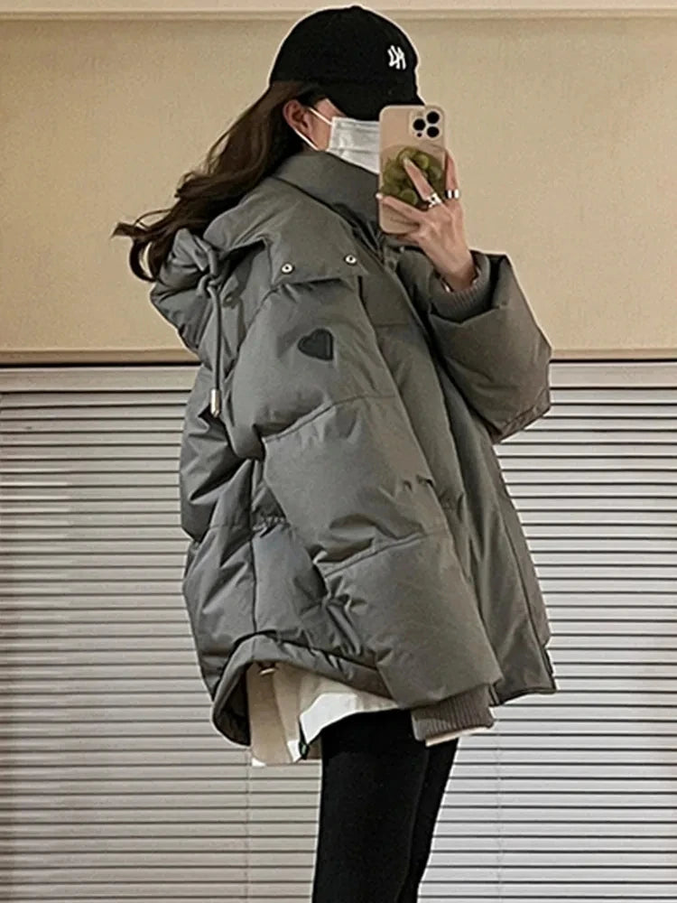 Women's Down Cotton Jacket Hooded Coat Winter Cotton Comfortable Thick Warm Love Embroidery Loose Jacket Snow Coat Clothing
