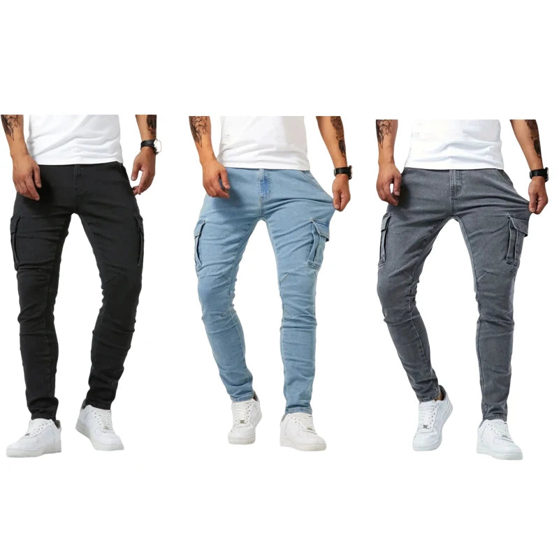 Men Elastic Skinny Jeans Soild Denim Pants Slim Fit Casual Jeans Multi Pocket Cargo Pants Fashion Casual Trousers Man Clothing