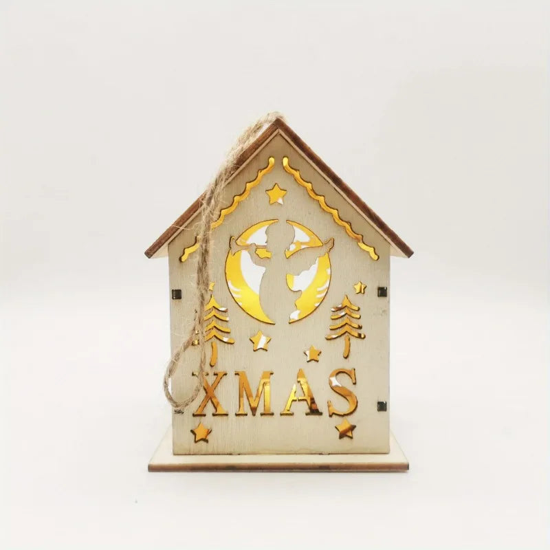 Christmas Wooden Crafts Wooden Christmas Small House Cabin Lighting Ornaments Pendant Christmas Tree Decoration