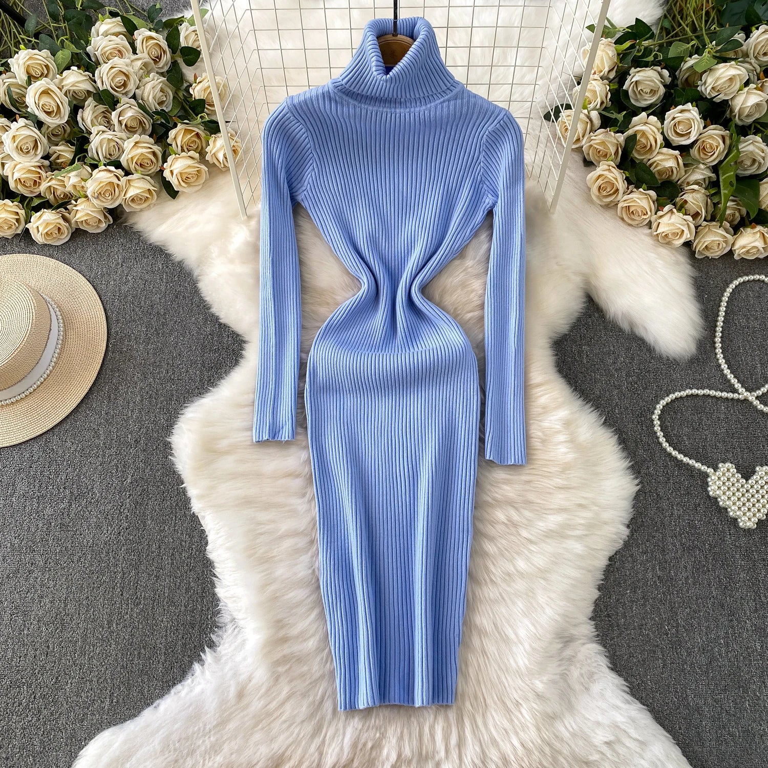 Women Winter Turtleneck Knittign Dress Stretch Slim Long Sleeve Soft Knitwear Dresses Female Casual Lining Simple Bottom Vestido