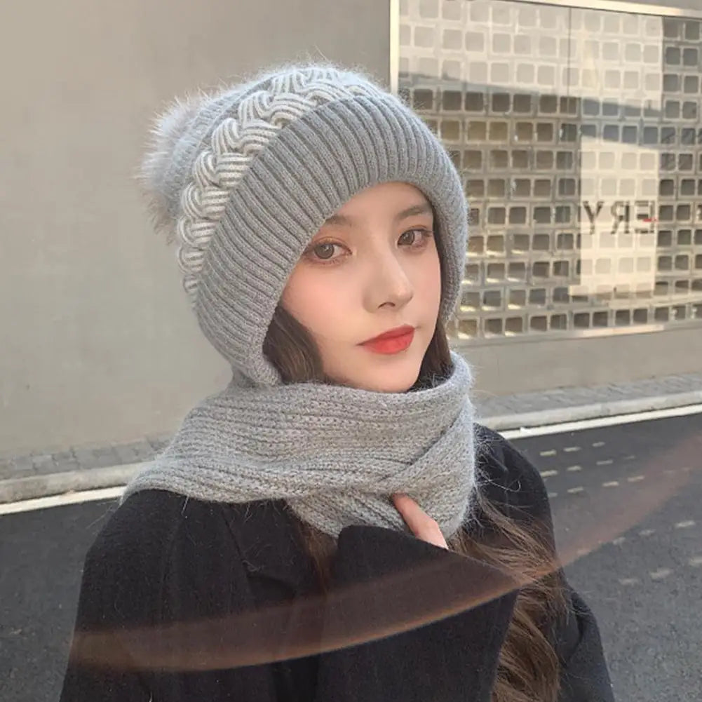 Winter Hat Scarf Set Women's Integrated Snow Cap with Fleece Lining Thickened Wool Knitted Beanie with Ear Protection Accessory