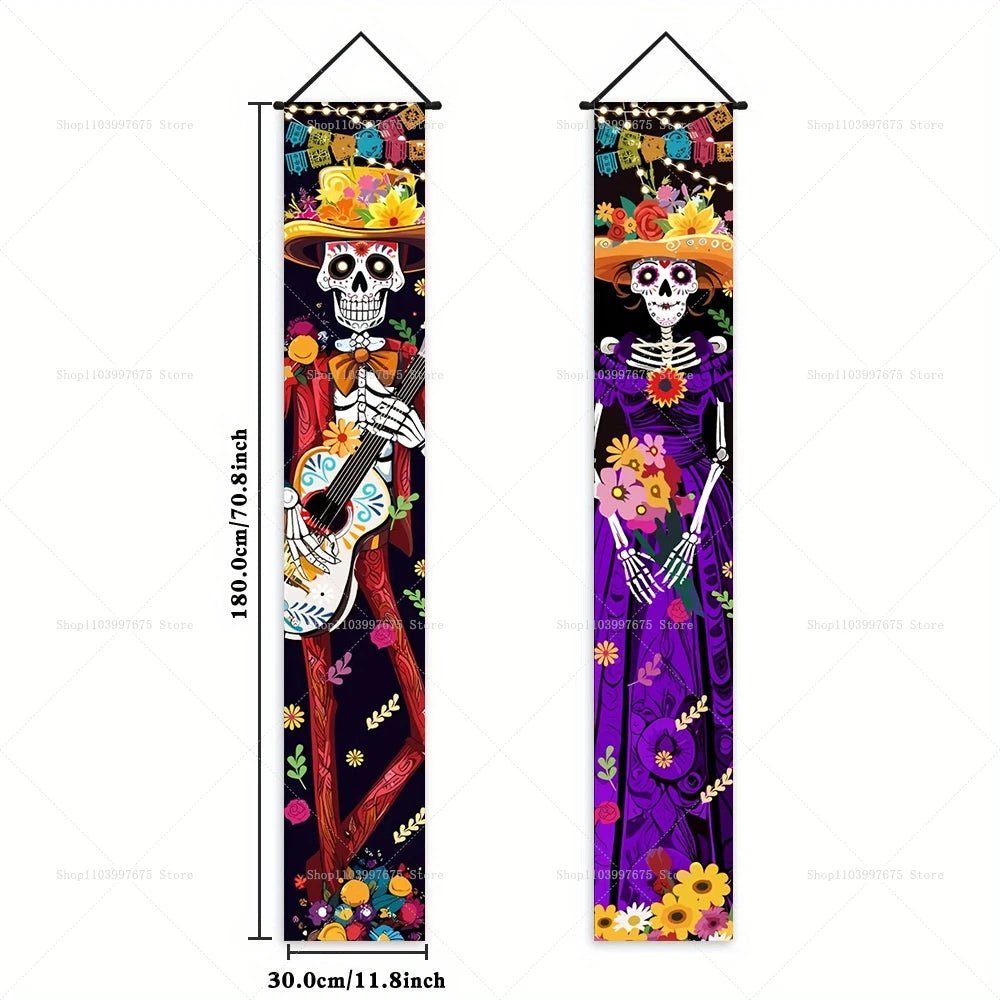 Halloween Decorations Dia De Los Muertos Porch Sign Banners Mexico Day of The Dead Hanging Banner for Indoor Outdoor Wall Decor