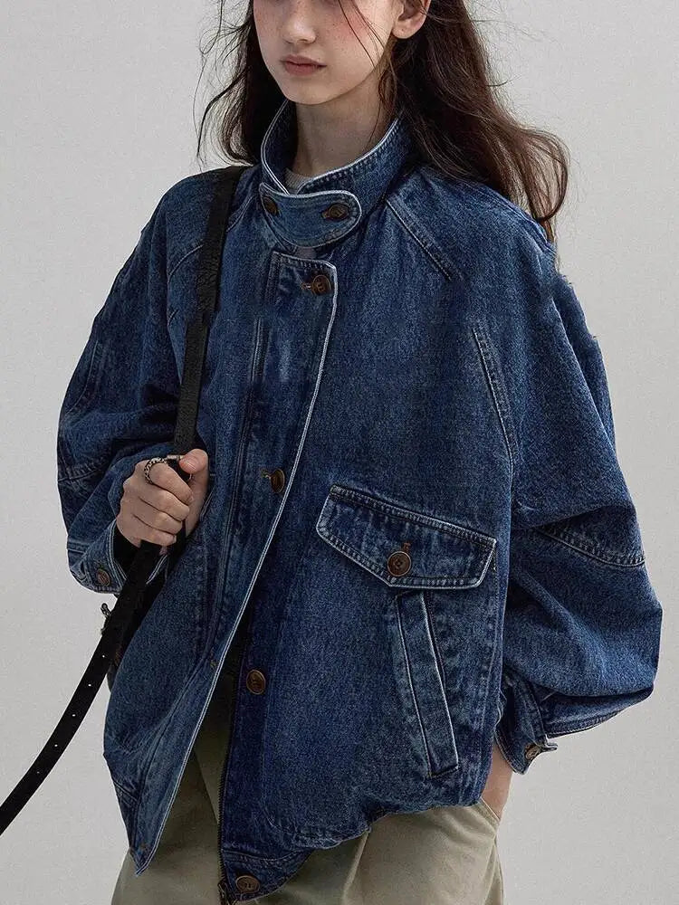 Women Denim Jacket 2025 Autumn New American Retro Blue Denim Jacket For Women Unique Design Catching Work Wear Style
