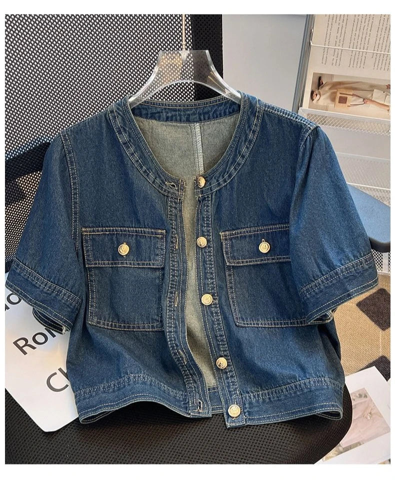 Streetwear Women's Denim Jackets Short Sleeve Summer Jean Jacket Outwear Ropa Mujer Fashion Retro Vintage Coat Cropped Tops