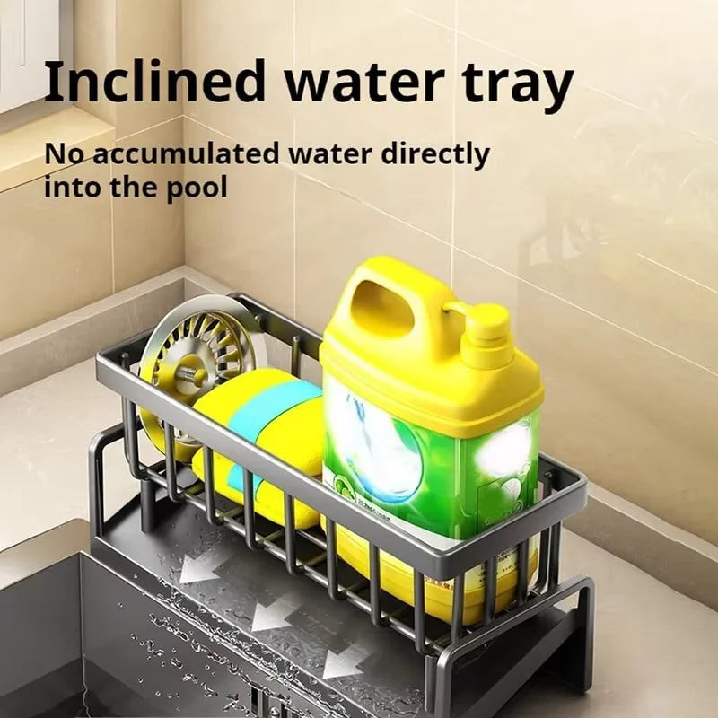 Kitchen Drainable Storage Rack With Hanging Rod Countertop Cleaning Supplies Without Punching Multi-Functional Storage Rack Tool