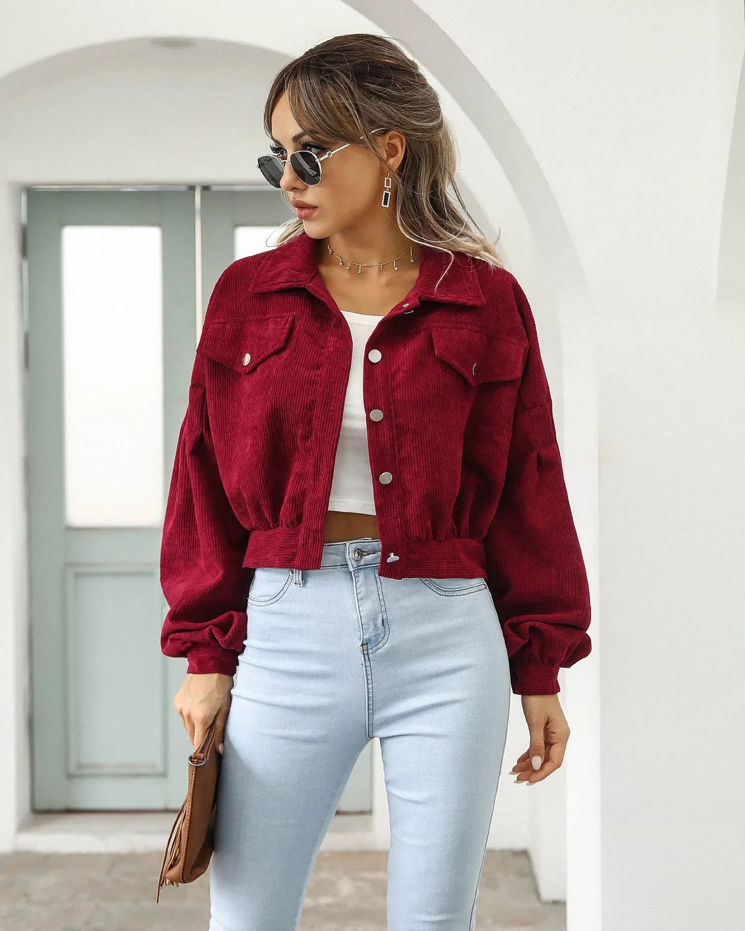 New Autumn Winter Jackets for Women Lantern Sleeve Tops Cropped Bomber Jacket Overcoat Outwear clothes Corduroy Coat 18047