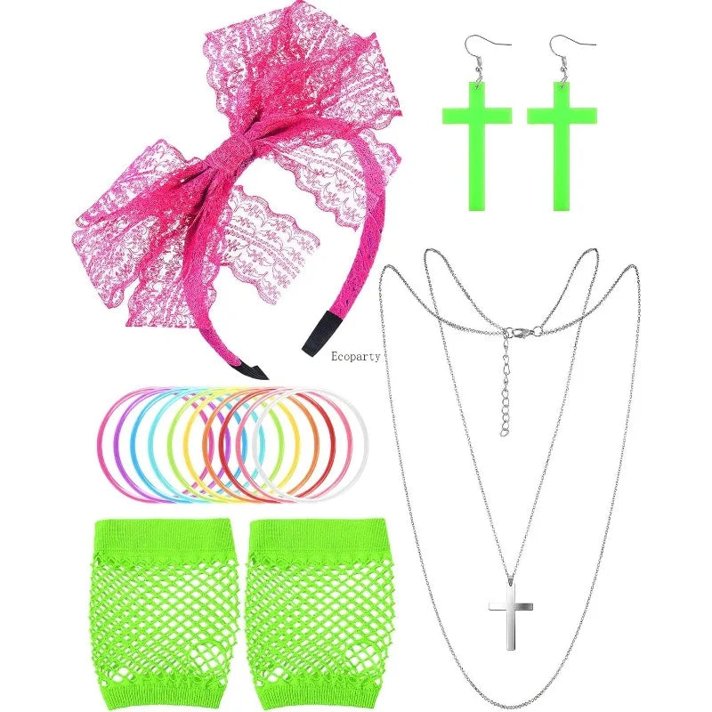 80s Accessories Women Dress Costume Lace Headband Earrings Fishnet Gloves Necklace Bracelet anime accessories set fancy dress