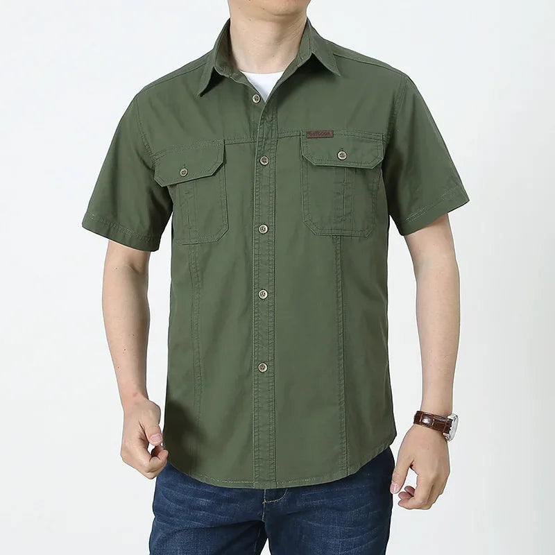 2023 Men Cargo Shirt Casual 100% Cotton Solid Short Sleeve Multi Pocket Work Blouses Loose Plus Size 5XL Business Men Clothing