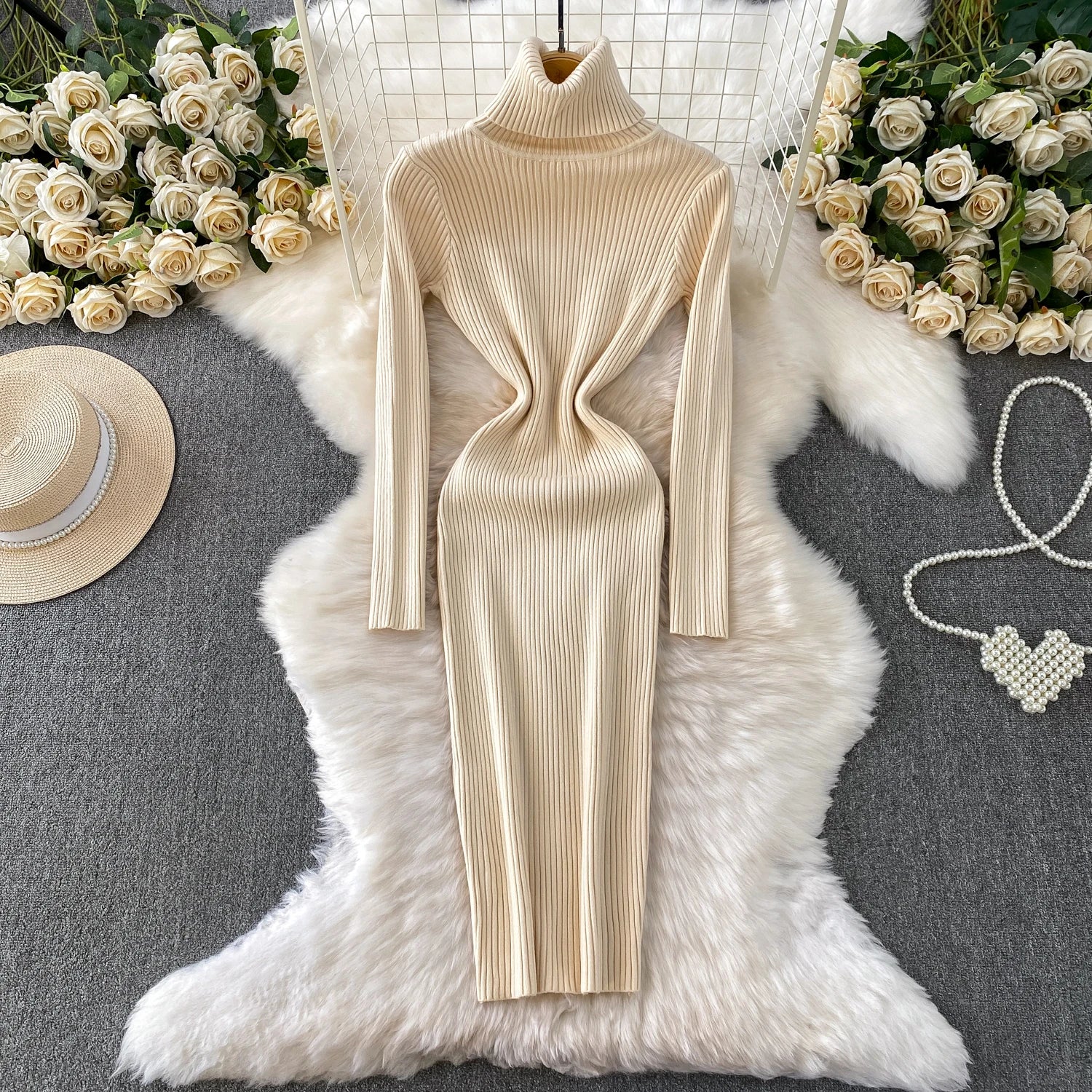 Women Winter Turtleneck Knittign Dress Stretch Slim Long Sleeve Soft Knitwear Dresses Female Casual Lining Simple Bottom Vestido