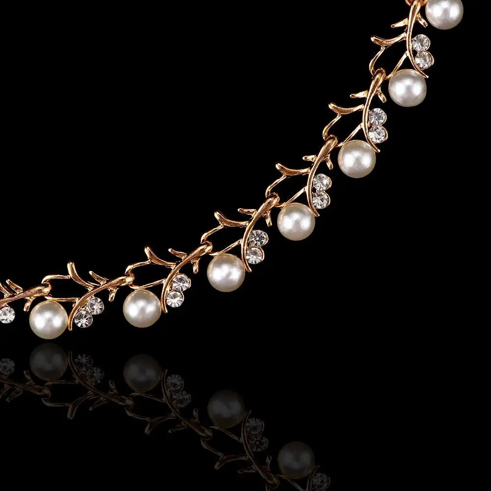 Day Gift Bridal Leaf Clavicle Chain Rhinestone Collar Choker Crystal Necklace Earrings Bracelet Set Wedding Jewelry Pearl