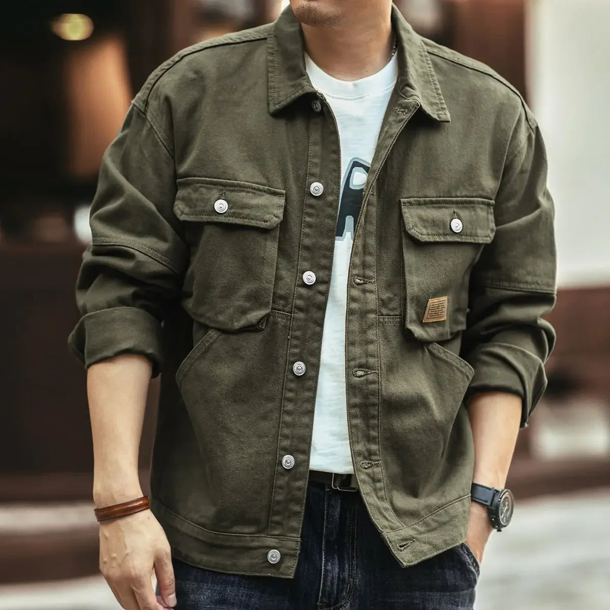 High end work jacket, men's spring and autumn trendy brand, loose American retro lapel jacket, casual and handsome denim jacket