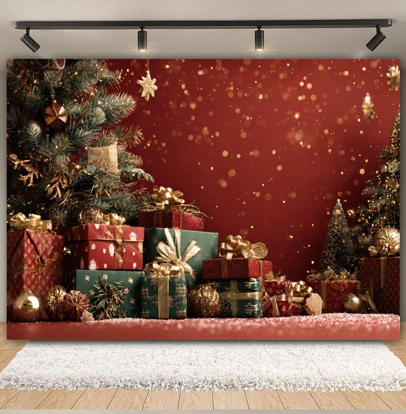 Christmas Day Decor Backdrop for Photography Xmas Tree Red Room Wall Glitter Gift Family Holiday Portrait Decor Photo Background