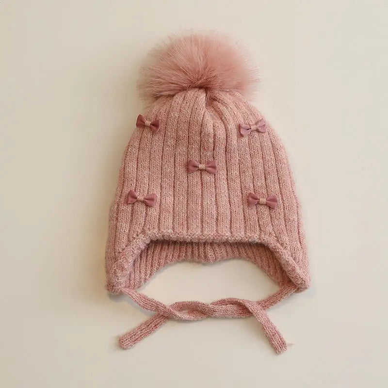 Winter Baby Girls Hat Double-Layer Cute Bows Knitted Hats Ear Protection Warm Beanie Big Pompom Kids Accessories 2-6 Years Old