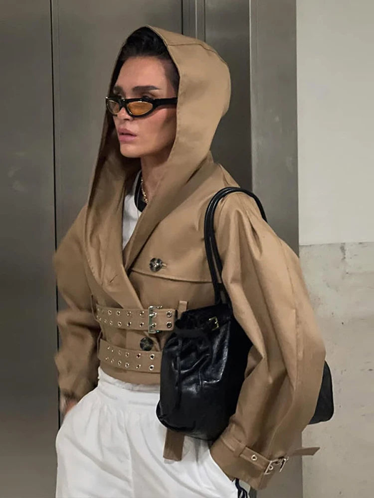 Women's Jacket Chic Double Belt Hooded Full Sleeve Button Female Female Jackets 2025 Autumn Fashion High Street Lady Outwears