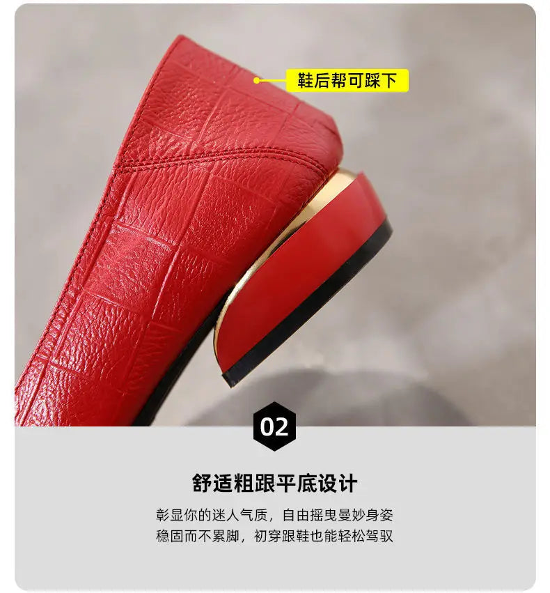 Shoe Women's 2024 New Spring and Autumn Shallow Cut Thick Heel Pointed Toe Women's Shoes Soft Leather Soft Sole Shoes Work Shoes