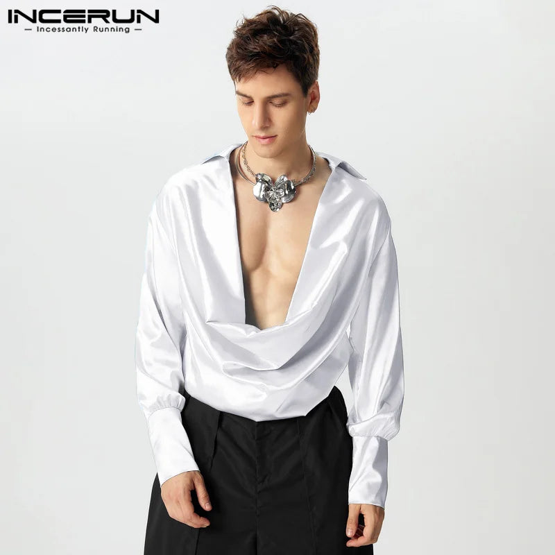 Men Shirts Casual Stylish Style Tops INCERUN Men's Shirts Sexy Male Solid Color V Neck Long Sleeve Fashion Men Clothing 2025