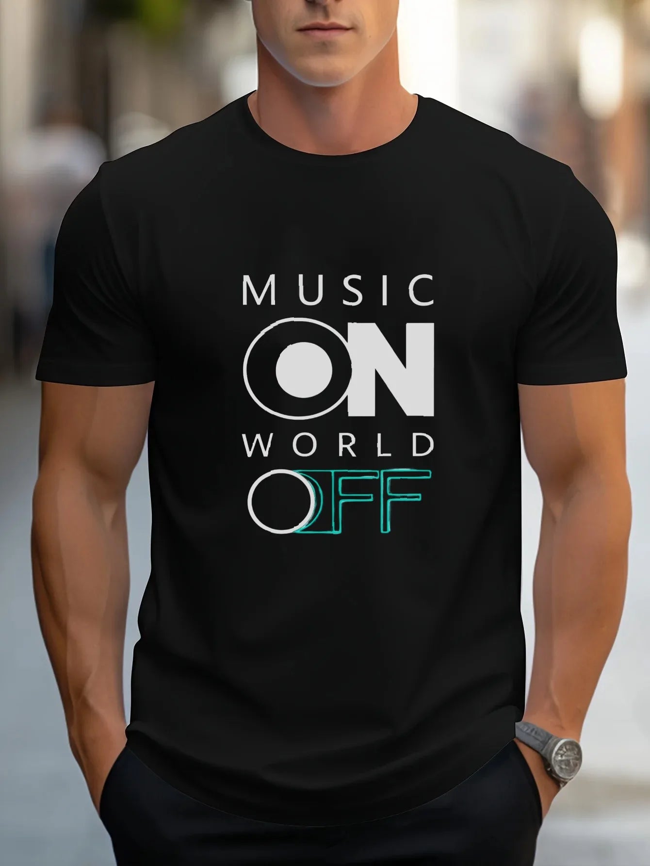 Men's T-Shirt White Music ON World OFF Printed Pattern High Quality Cotton 180g