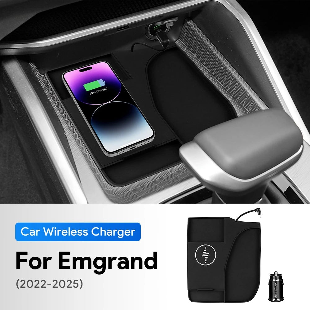 Car Wireless Charger Pad Stable Fast Charging For Geely Emgrand 2022-2025 Center Console Storage Box Trim Decoration Accessories